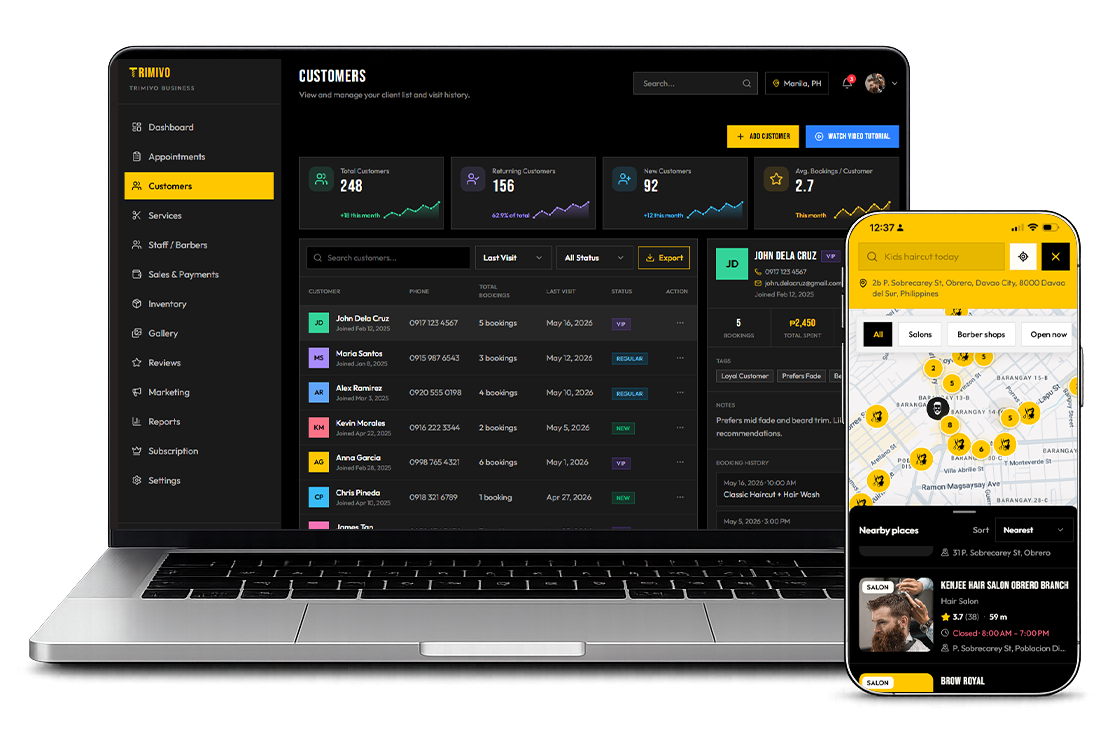 Trimivo business dashboard on laptop and customer app on mobile